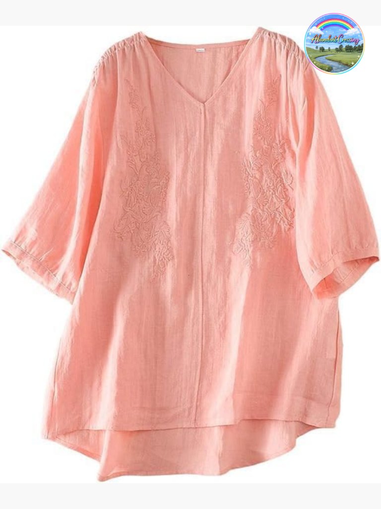 Linen Embroidery Blouse V-Neck Tunic Elbow Sleeve Shirts Tops
